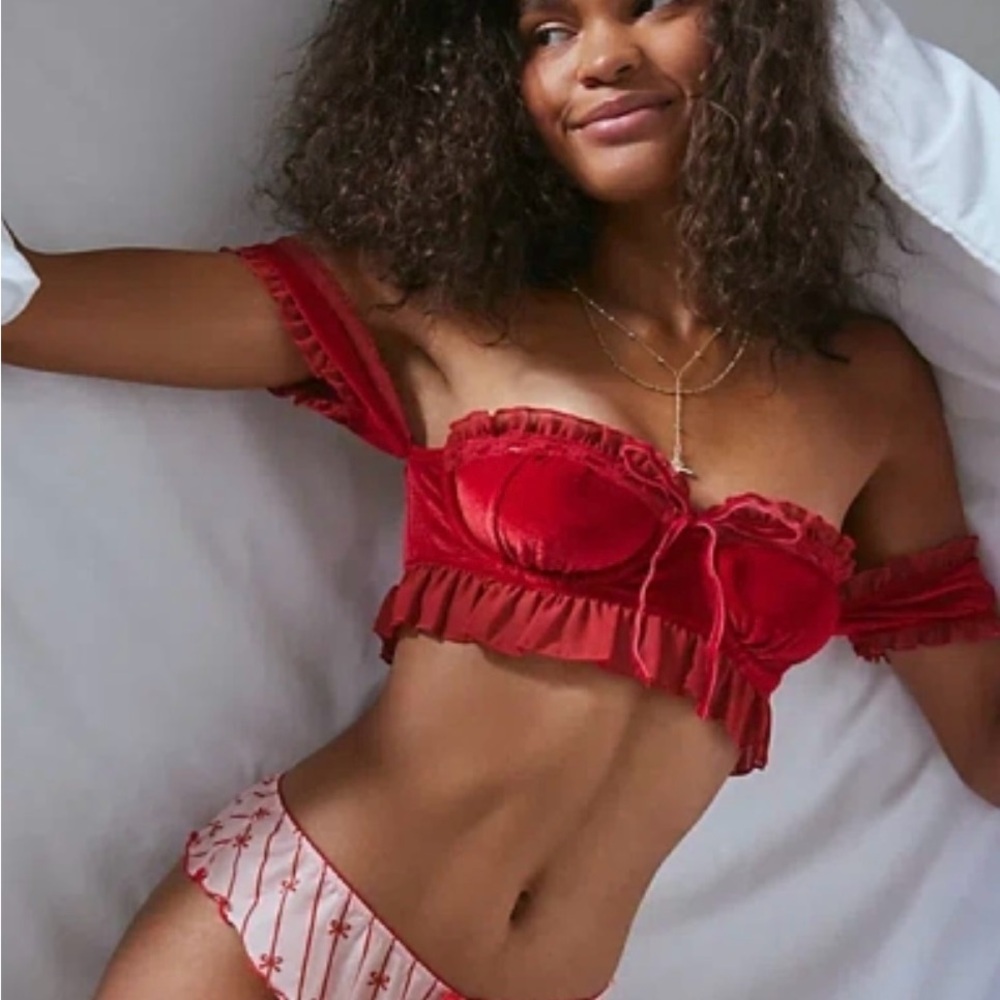 Urban Outfitters out from under velvet & ruffle off the shoulder bra top